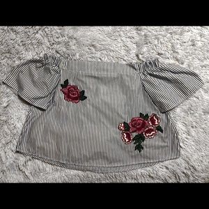 blue and white stripped off the shoulder shirt